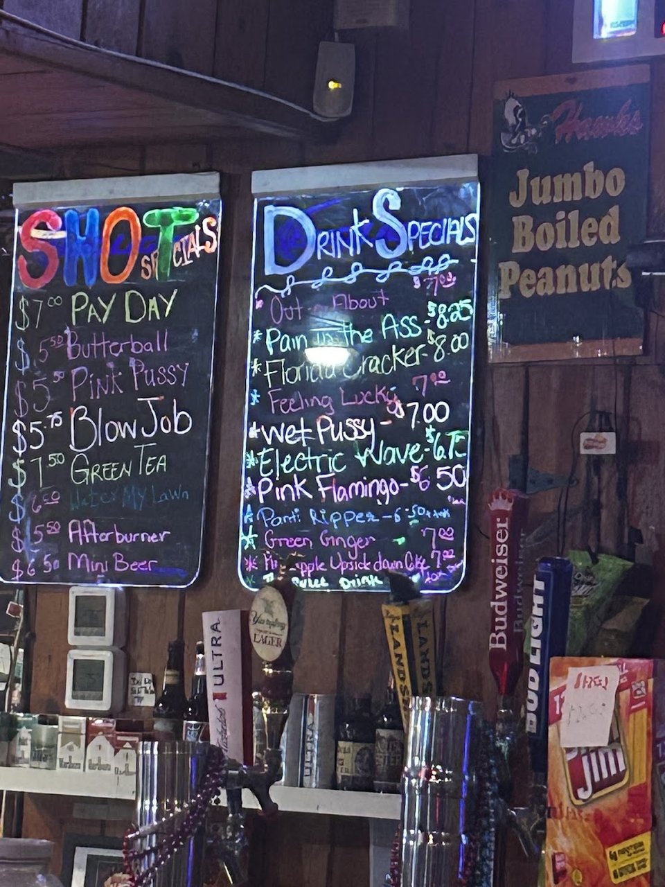 Specials sheet with drinks and shots.